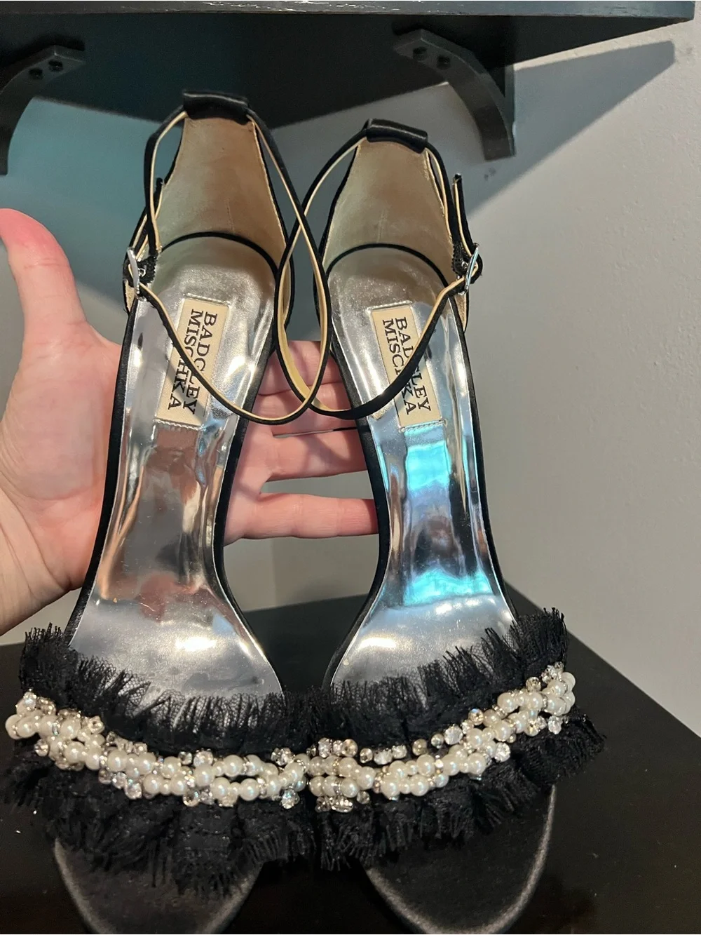 Badgley Mischka Fleur Pearl-Trim Fringe Sandals